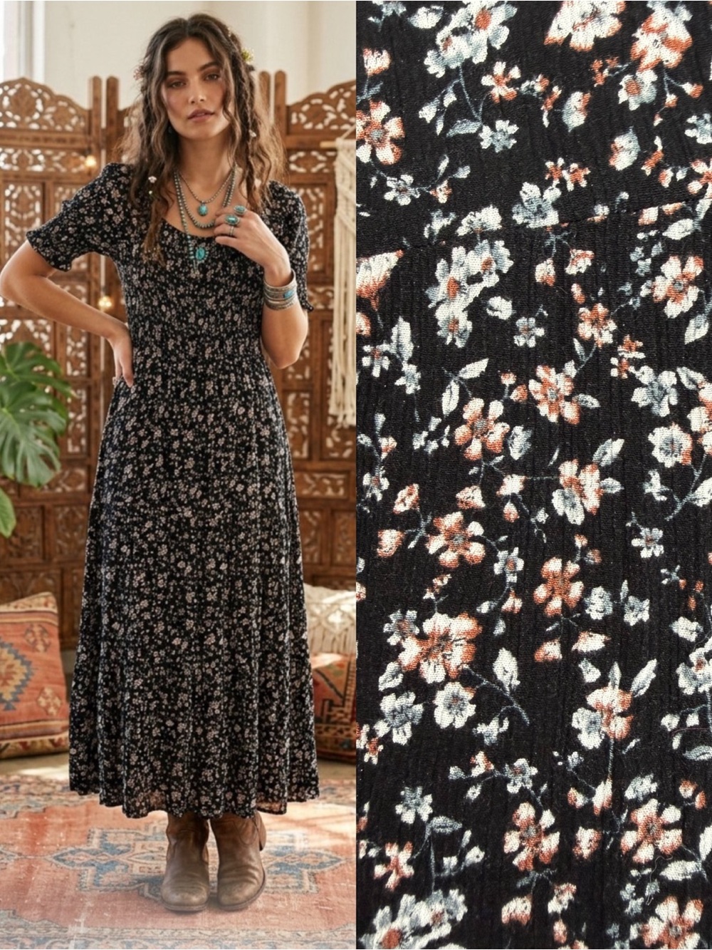 Natural Life Daisy Smocked Tiered Maxi Dress Black Ditsy Floral Bohemian Hippie